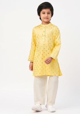 Yellow Woven Design Cotton Kurta Set For Boys