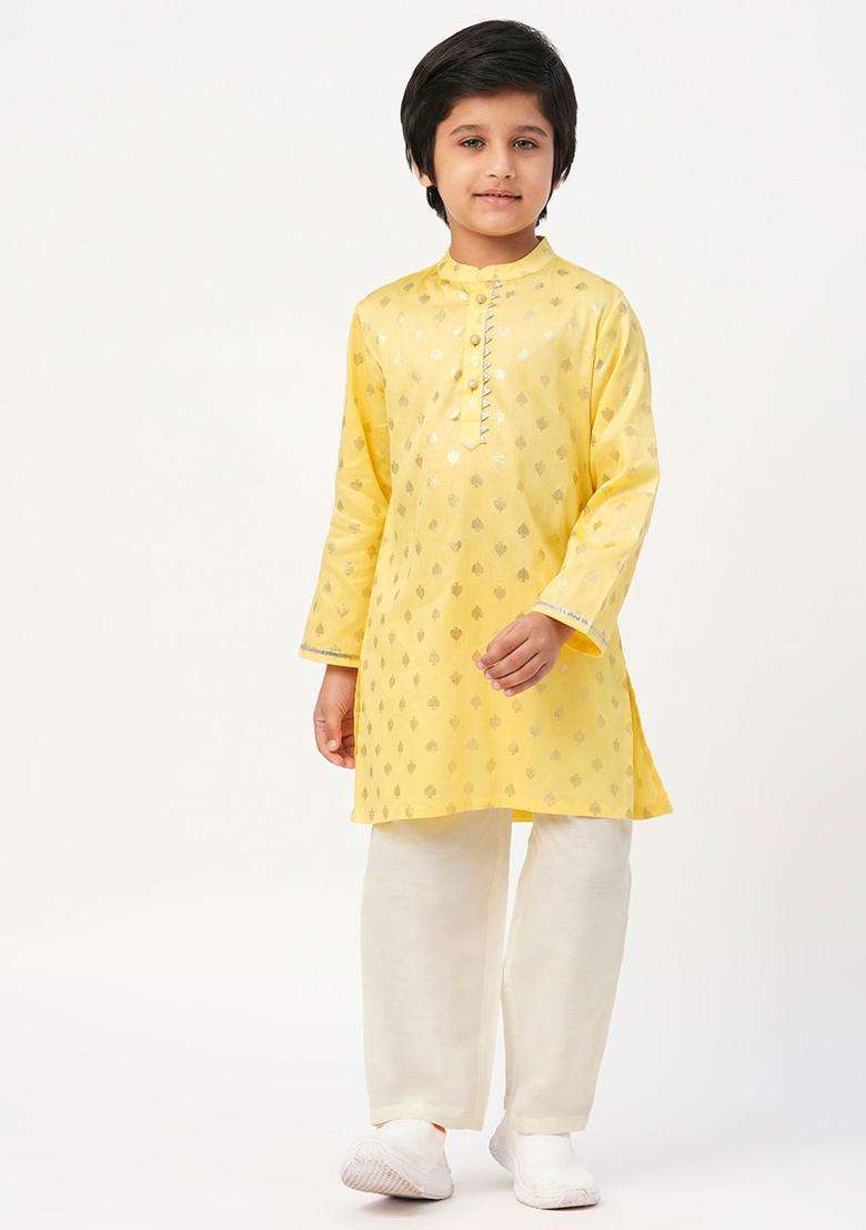 Yellow Woven Design Cotton Kurta Set For Boys - Indya