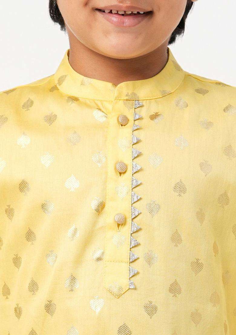 Yellow Woven Design Cotton Kurta Set For Boys - Indya