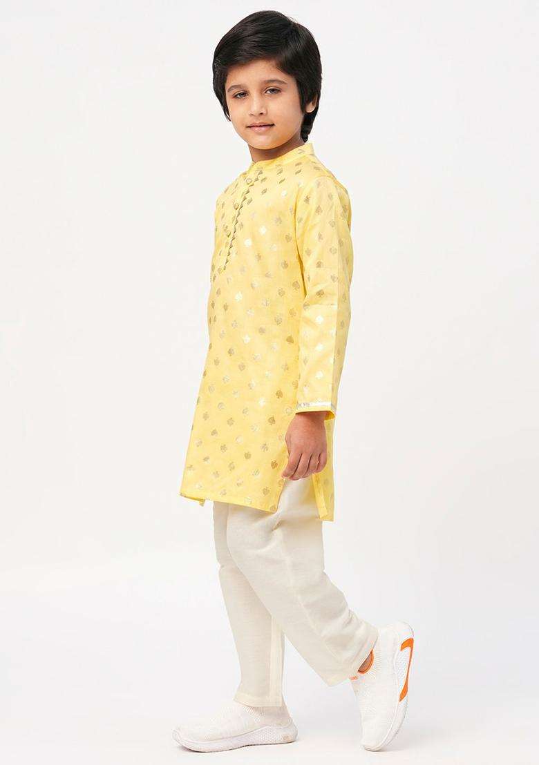Yellow Woven Design Cotton Kurta Set For Boys - Indya