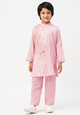 Pink Embroidered Cotton Kurta Set For Boys