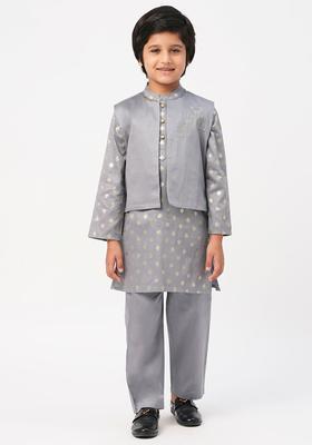 Grey Printed Cotton Kurta Set For Boys