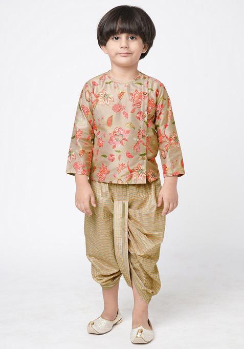 Beige Printed Polyester Kurta Set For Boys — view on Indya