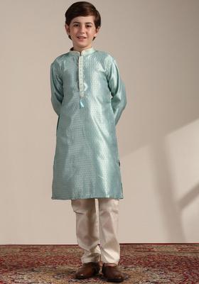 Green Woven Design Silk Kurta Set For Boys