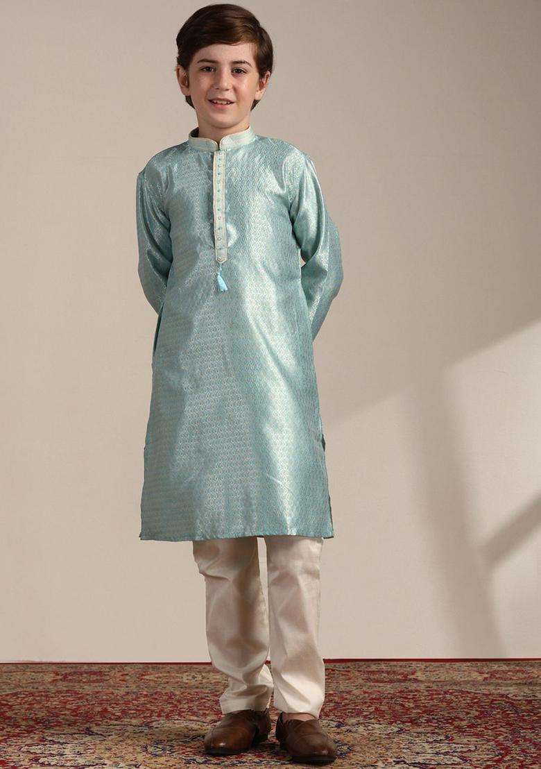 Green Woven Design Silk Kurta Set For Boys - Indya