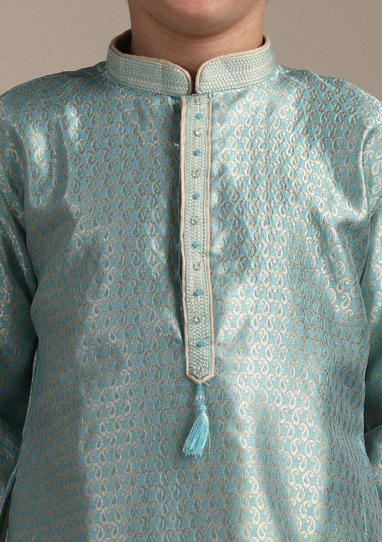 Green Woven Design Silk Kurta Set For Boys - Indya