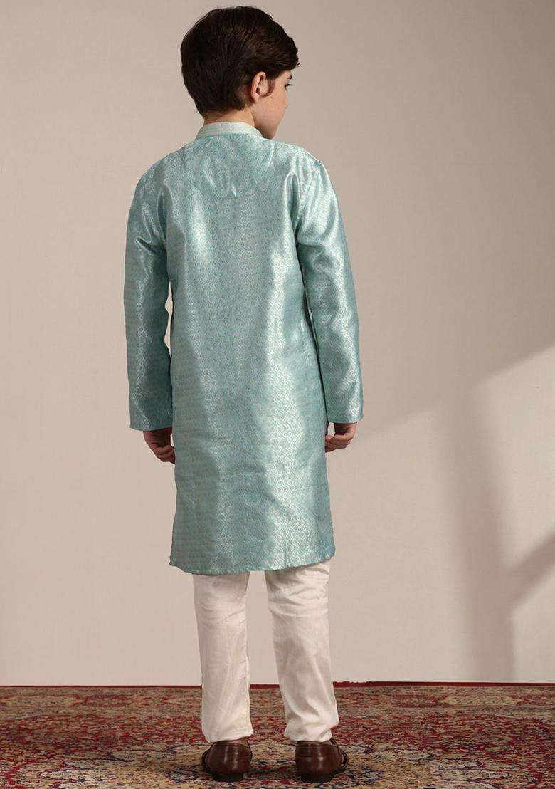 Green Woven Design Silk Kurta Set For Boys - Indya