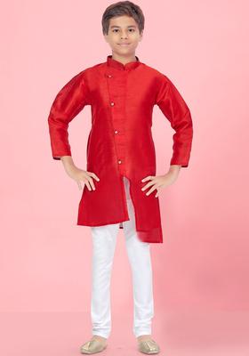 Red Solid Silk Kurta Set For Boys
