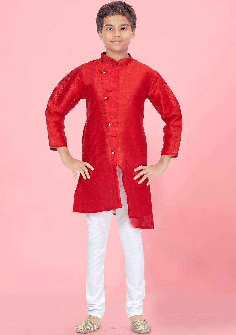 Red Solid Silk Kurta Set For Boys - Indya