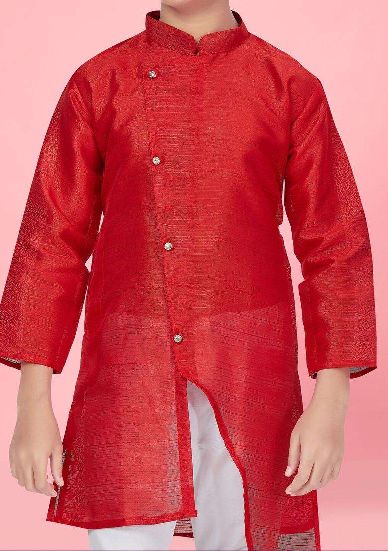 Red Solid Silk Kurta Set For Boys - Indya