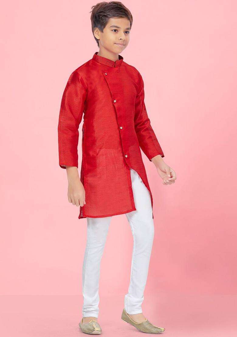 Red Solid Silk Kurta Set For Boys - Indya