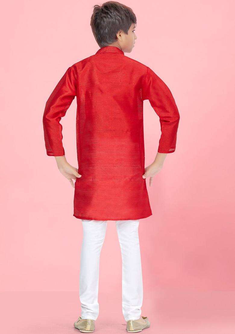 Red Solid Silk Kurta Set For Boys - Indya