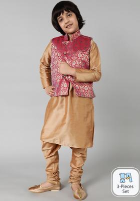 Red Solid Silk Kurta Set For Boys