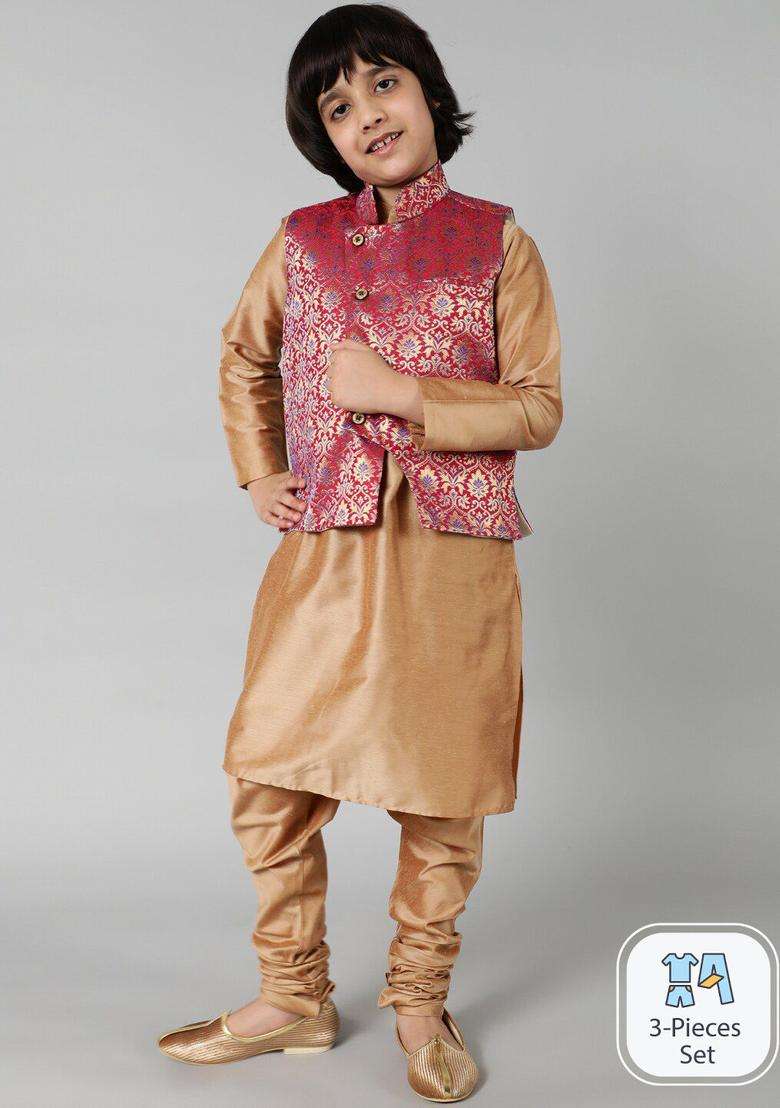 Red Solid Silk Kurta Set For Boys - Indya