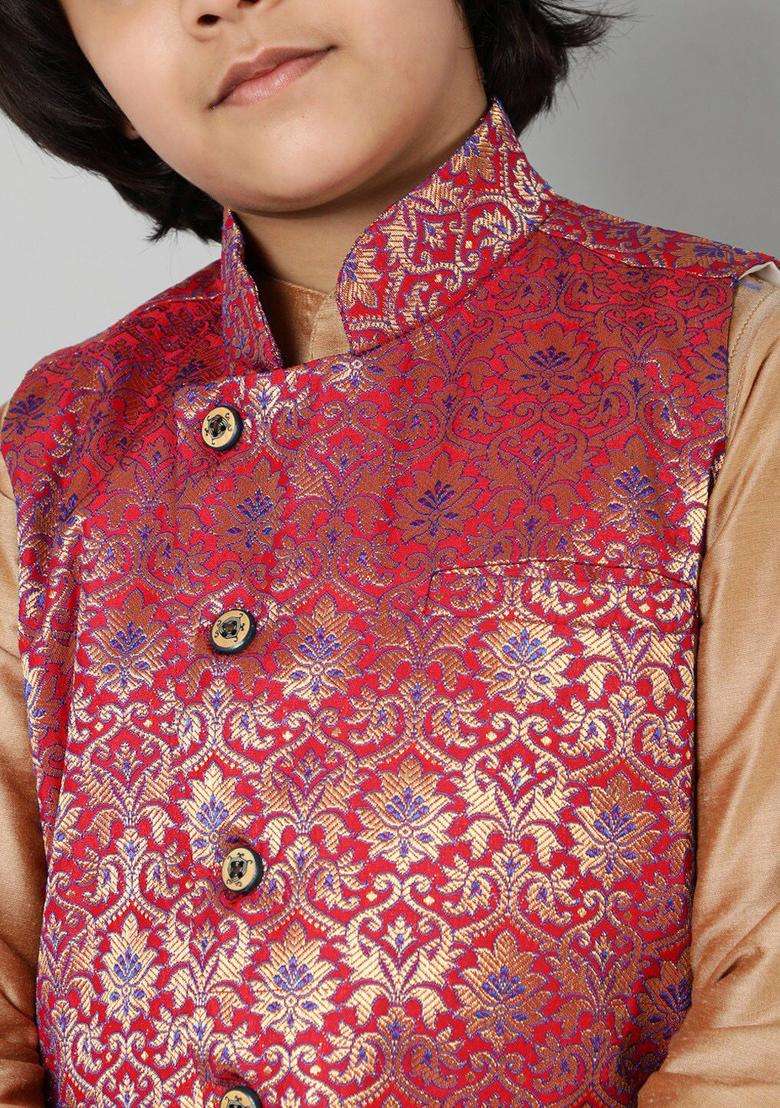 Red Solid Silk Kurta Set For Boys - Indya