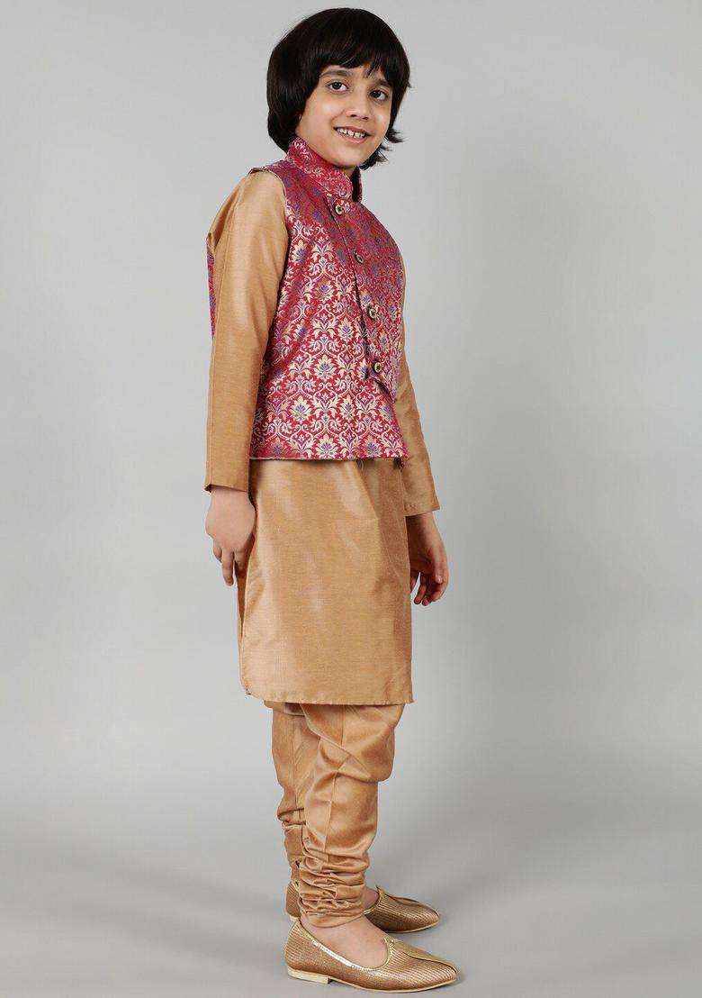 Red Solid Silk Kurta Set For Boys - Indya