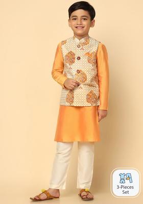Yellow Solid Cotton Kurta Set For Boys