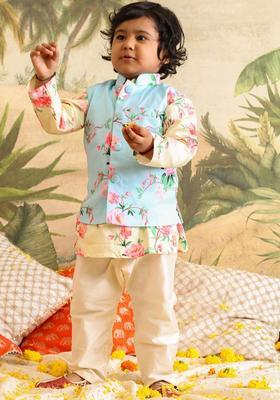Yellow Printed Cotton Kurta Set For Boys