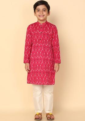 Pink Printed Cotton Kurta Set For Boys