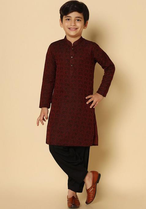 Maroon Woven Design Silk Kurta Set For Boys — view on Indya