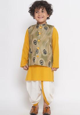 Yellow Printed Cotton Kurta Set For Boys