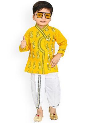 Yellow Printed Cotton Kurta Set For Boys