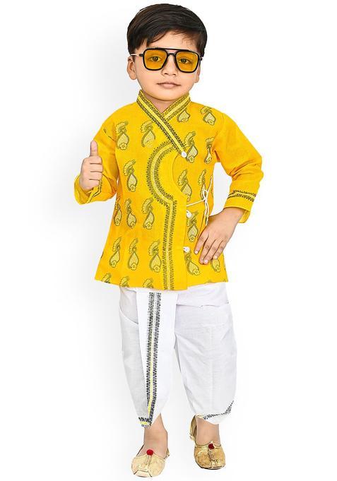Yellow Printed Cotton Kurta Set For Boys — view on Indya