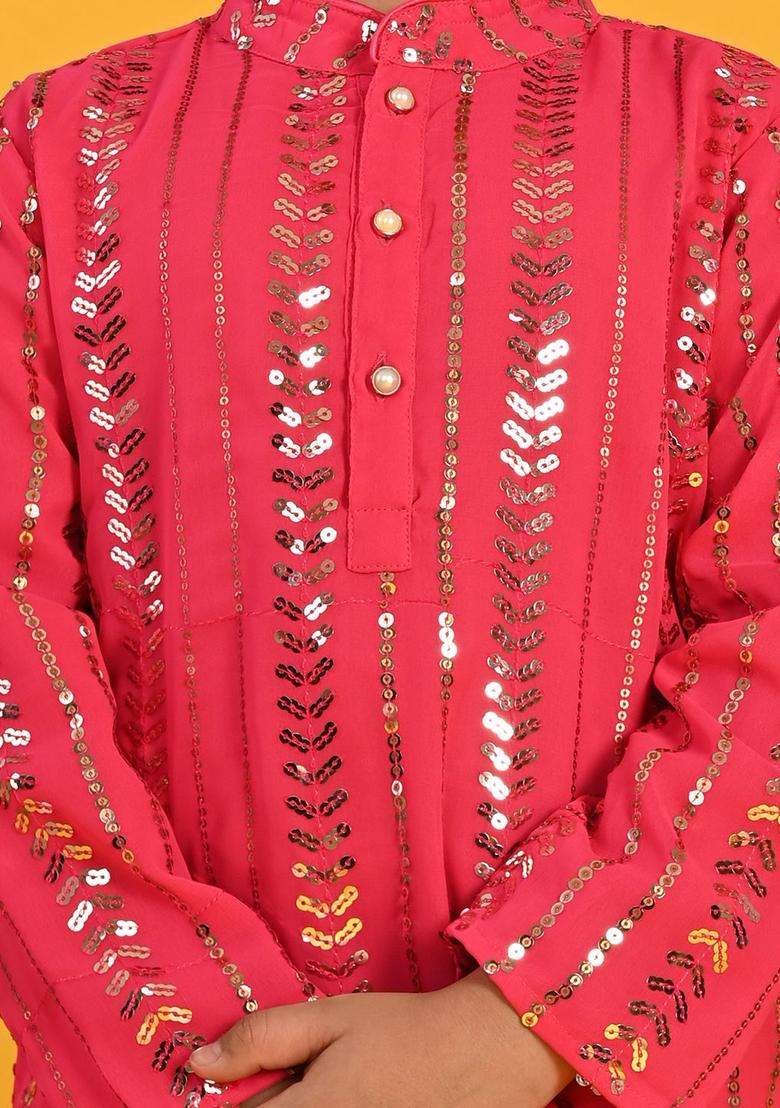 Fuchsia Embroidered Georgette Kurta Set For Boys - Indya