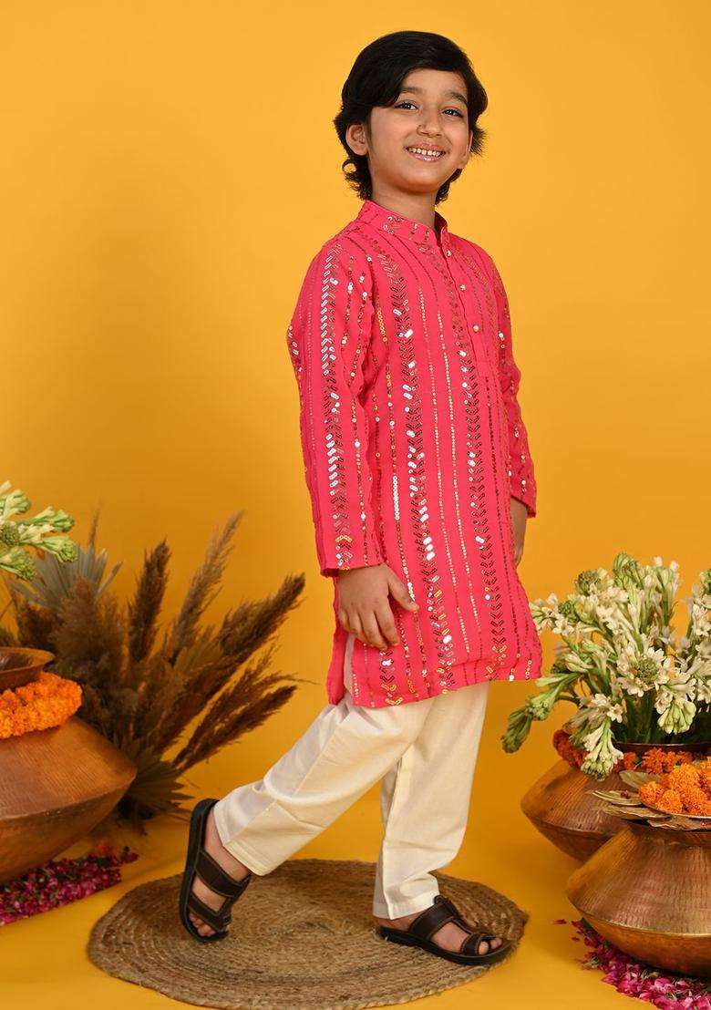 Fuchsia Embroidered Georgette Kurta Set For Boys - Indya