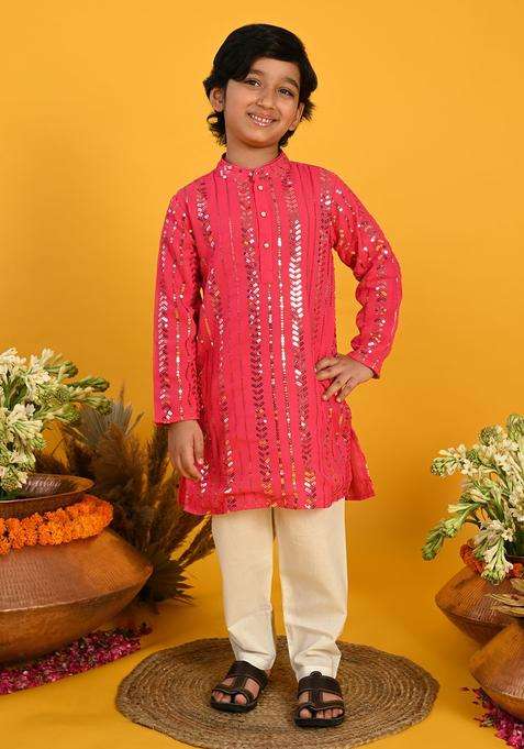 Fuchsia Embroidered Georgette Kurta Set For Boys