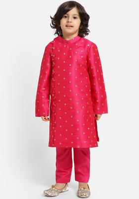 Pink Embroidered Cotton Kurta Set For Boys