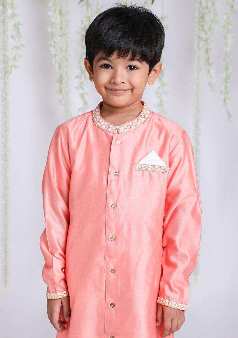 Peach Solid Silk Kurta Set For Boys - Indya