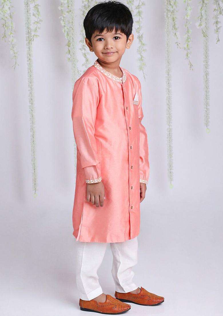 Peach Solid Silk Kurta Set For Boys - Indya
