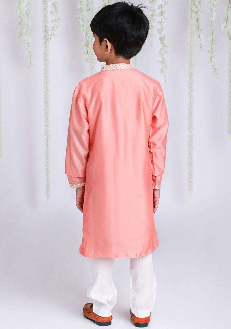 Peach Solid Silk Kurta Set For Boys - Indya