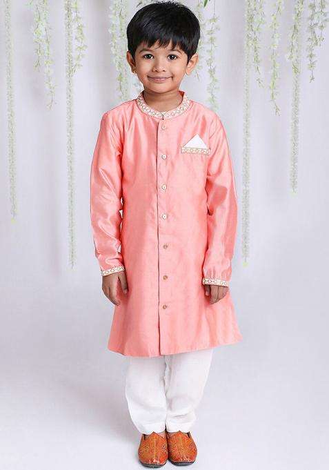 Peach Solid Silk Kurta Set For Boys