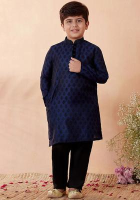 Navy Blue Woven Design Silk Kurta Set For Boys