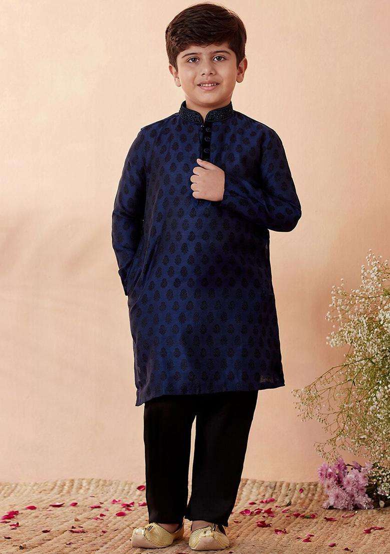 Navy Blue Woven Design Silk Kurta Set For Boys - Indya
