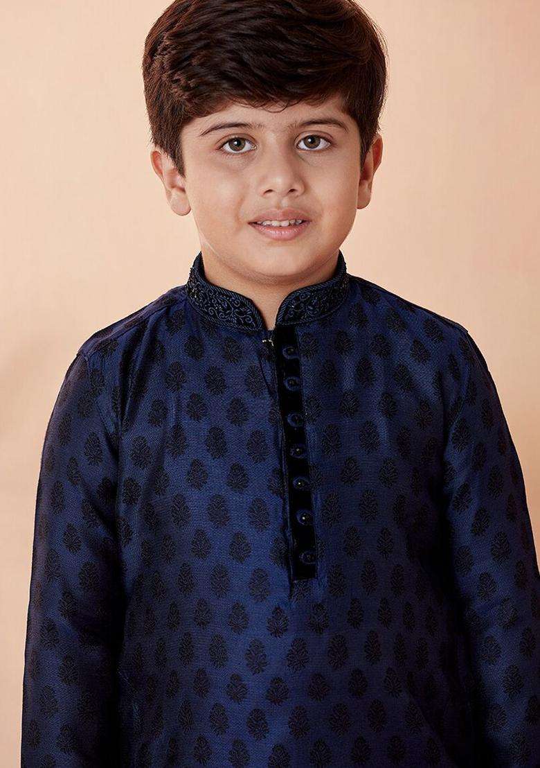 Navy Blue Woven Design Silk Kurta Set For Boys - Indya