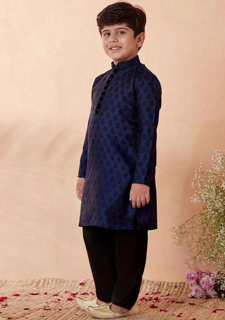 Navy Blue Woven Design Silk Kurta Set For Boys - Indya