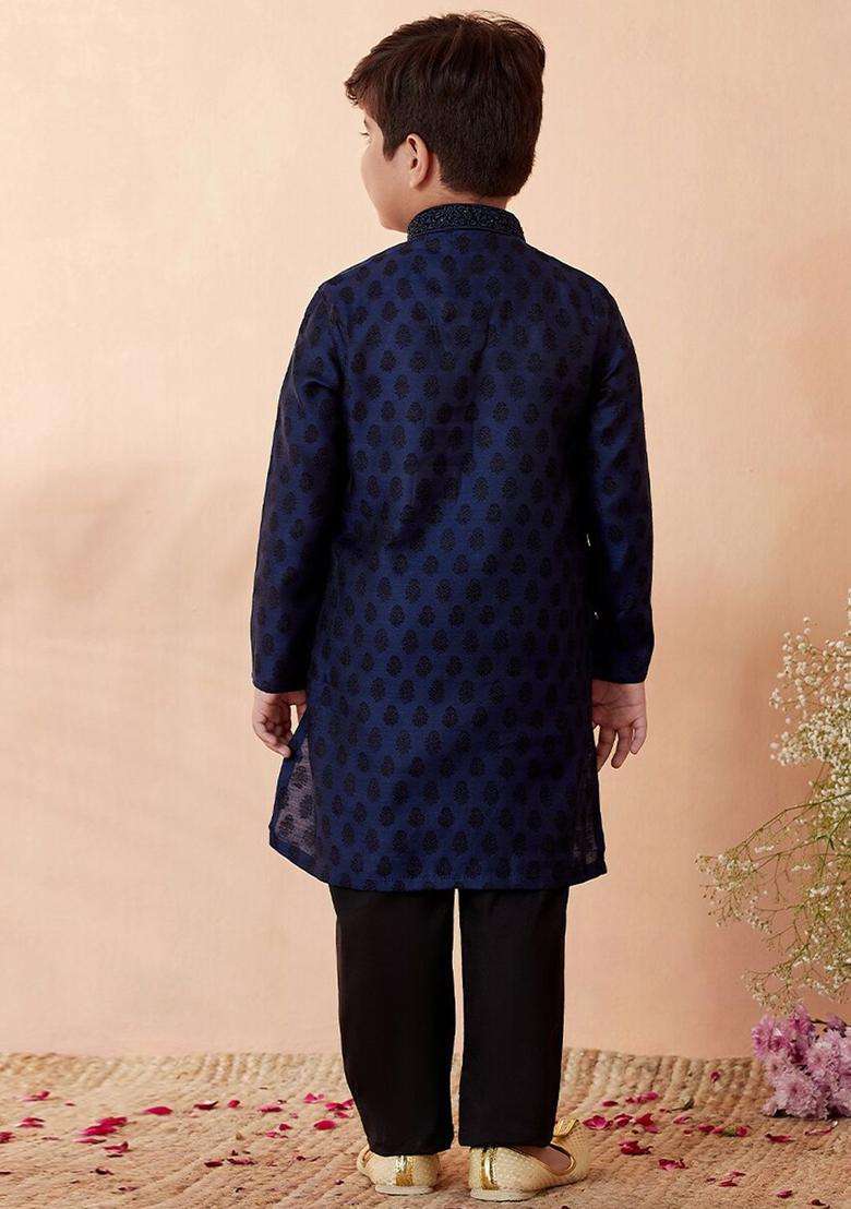 Navy Blue Woven Design Silk Kurta Set For Boys - Indya