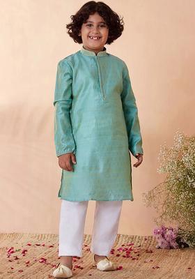 Turquoise Blue Solid Viscose Kurta Set For Boys