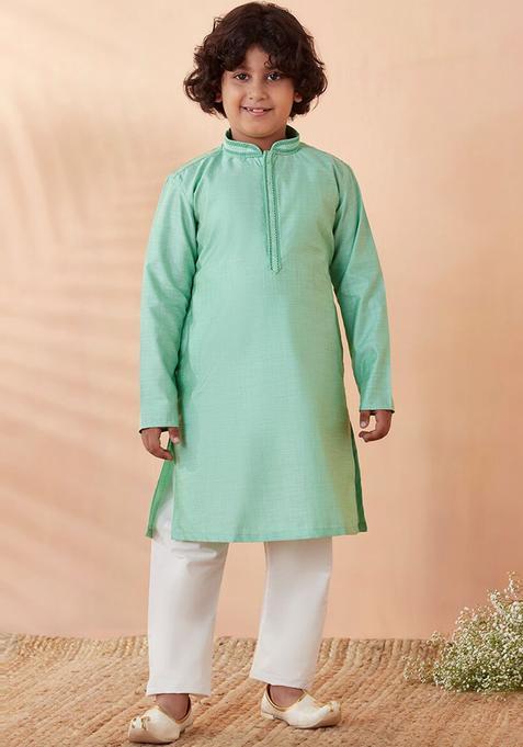 Sea Green Solid Silk Kurta Set For Boys — view on Indya