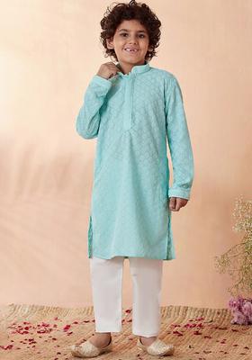 Blue Embroidered Viscose Kurta Set For Boys