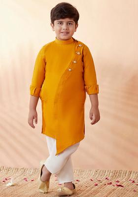 Mustard Solid Viscose Kurta Set For Boys