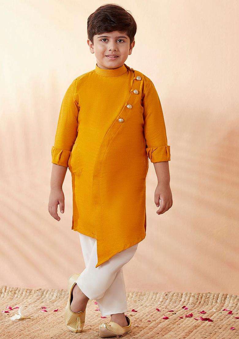 Mustard Solid Viscose Kurta Set For Boys - Indya