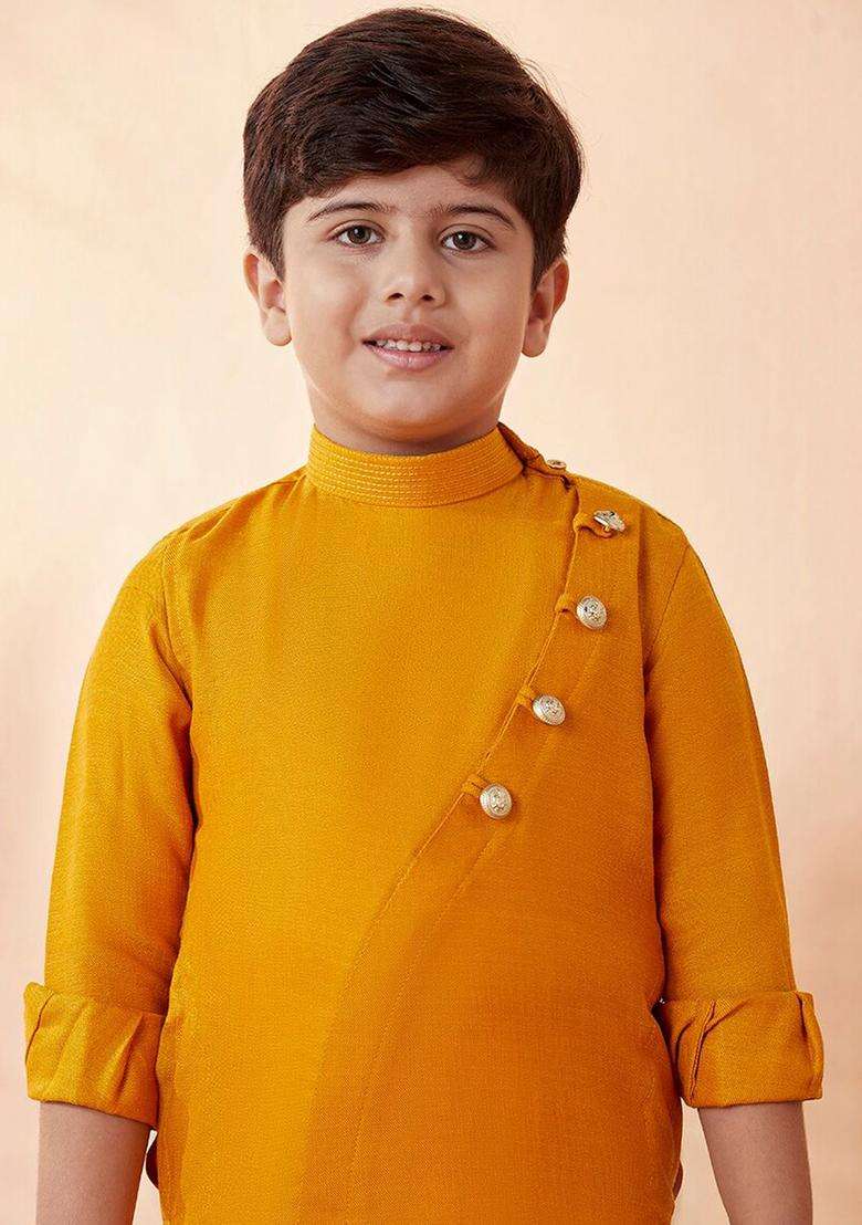 Mustard Solid Viscose Kurta Set For Boys - Indya