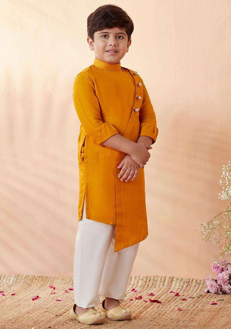 Mustard Solid Viscose Kurta Set For Boys - Indya