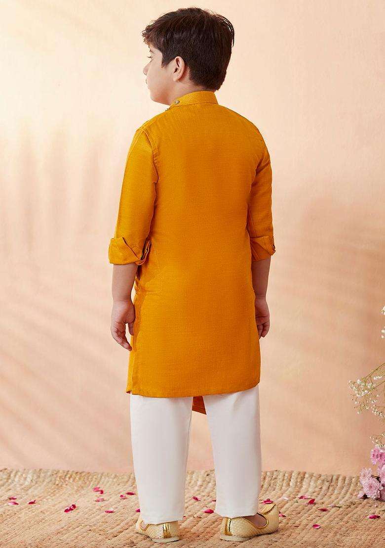 Mustard Solid Viscose Kurta Set For Boys - Indya