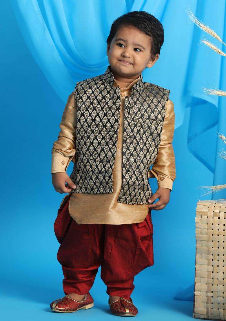 Rose Gold Solid Silk Kurta Set For Boys - Indya
