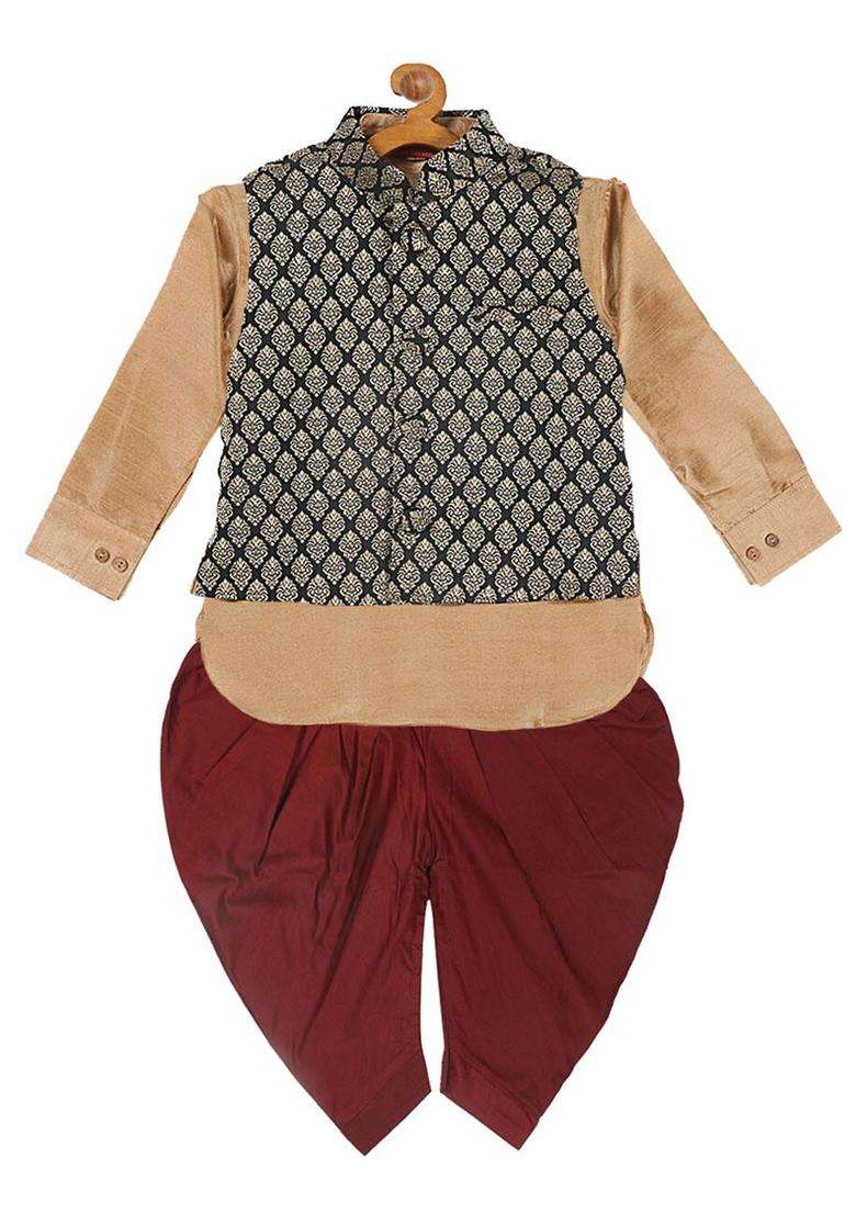 Rose Gold Solid Silk Kurta Set For Boys - Indya